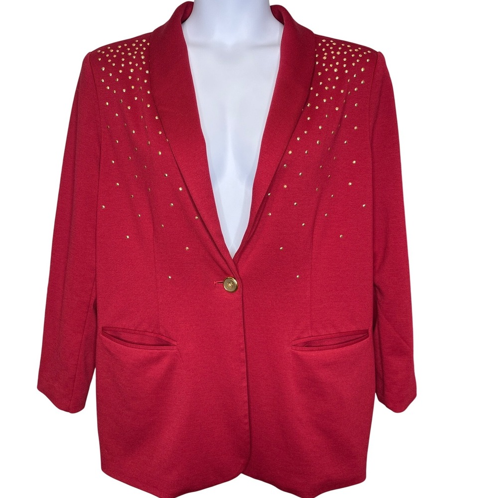 Susan Graver Women Red Studded Shoulder Blazer 1X Excellent Power Dressing